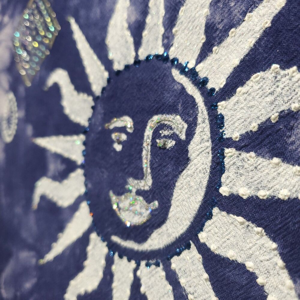 S Batik Tie Dye Sun Moon Blouse Square Neck 3/4 Sleeve Indigo Blue Celestial - Picture 6 of 10